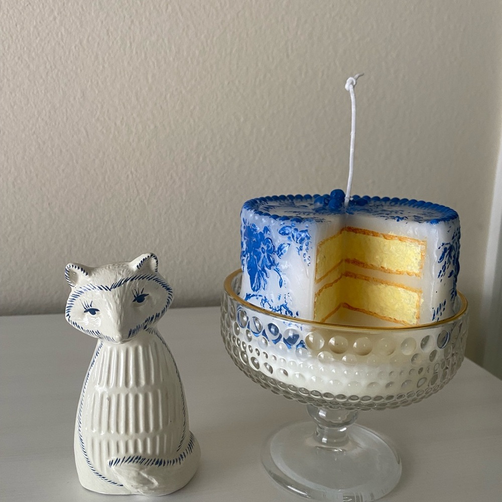 Mid Century Fox figurine with Blue and White Decorative cake candle
